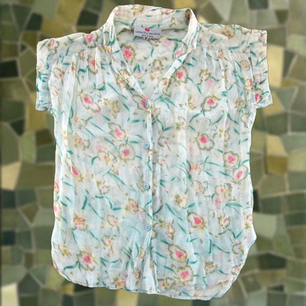 Pinko VINTAGE Santa Cruz Imports Blouse Shirt Womens S Green Floral Short Sleeve Button Collared 100% Cotton Gauze Hippie Spring Summer 90s Size S / US 4 / IT 40 - 1 Thumbnail