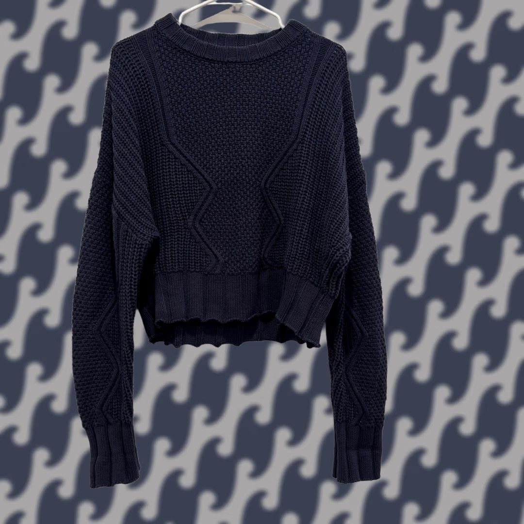 Vintage All:Row Sweater Women L Navy Blue Chunky Knit Basketweave Cable Cropped Pullover Size L / US 10 / IT 46 - 1 Thumbnail