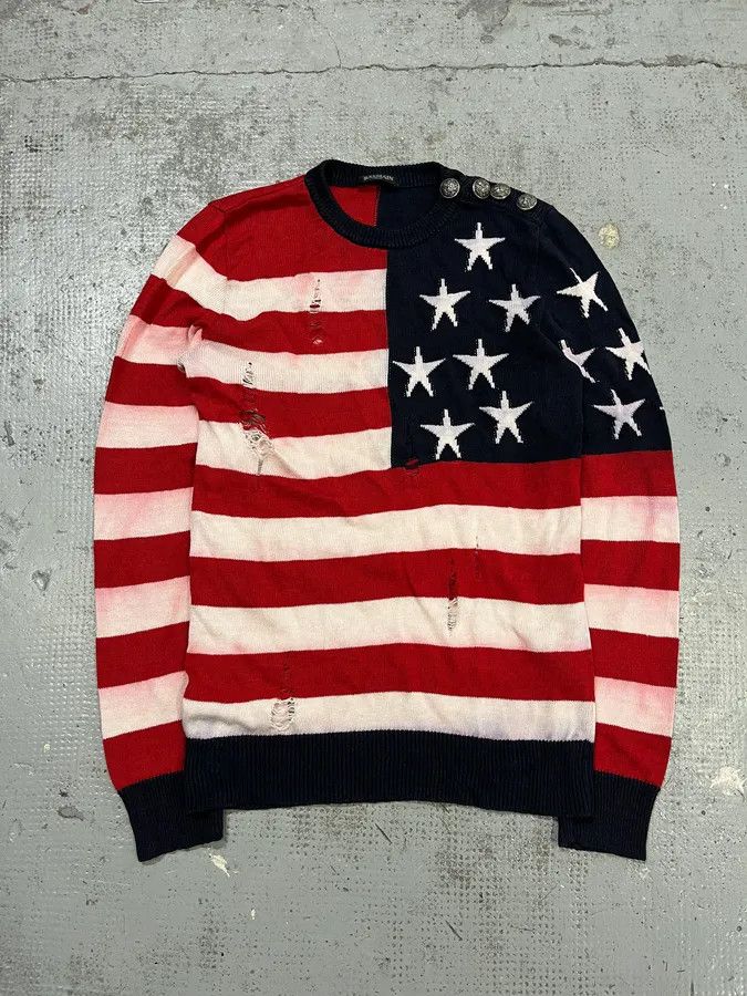 Balmain SS2016 Balmain USA Flag Distressed Buttoned Sweater Size US S / EU 44-46 / 1 - 1 Thumbnail