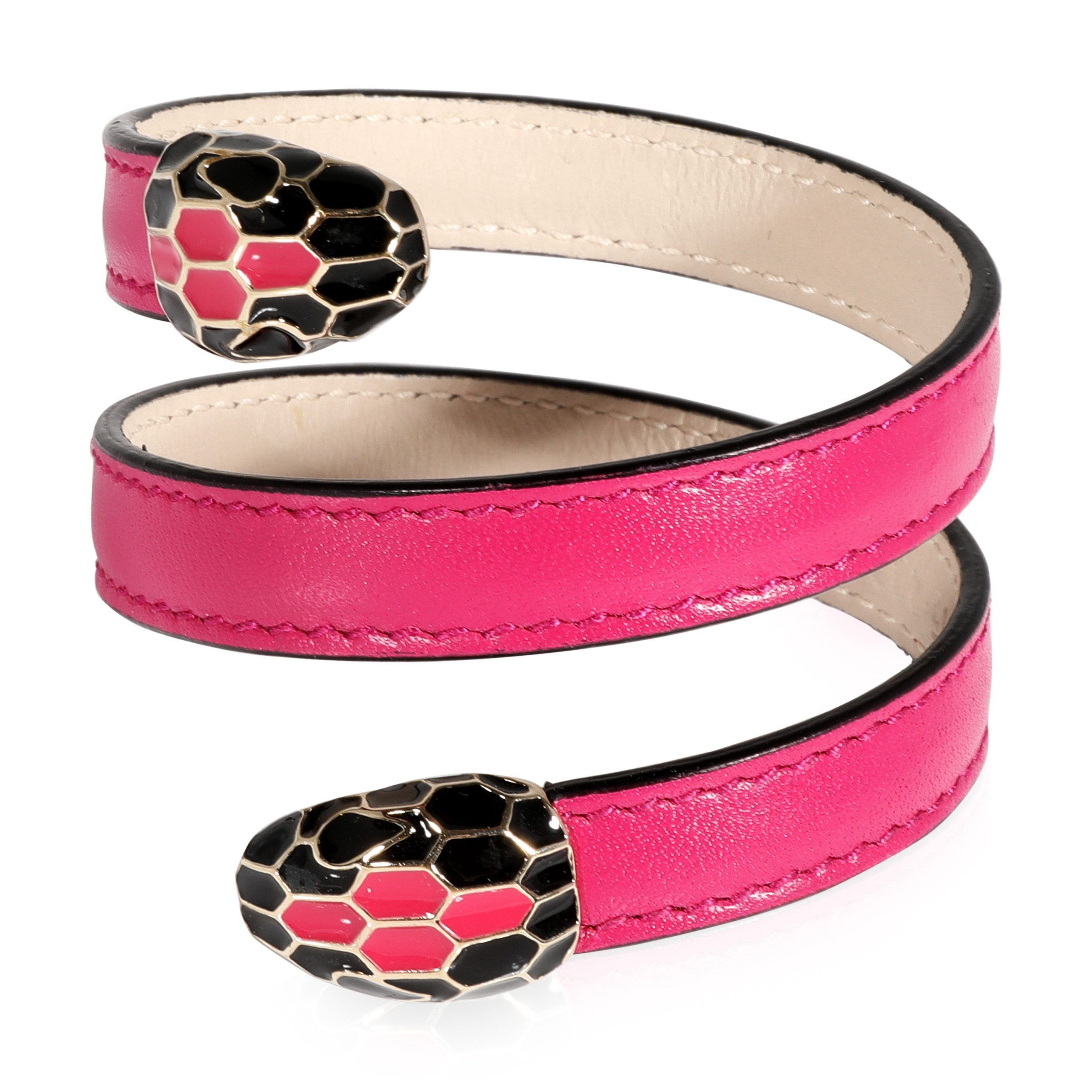 image of Bvlgari Serpenti Forever Pink Calf Leather Wrap Bracelet in Silver, Women's