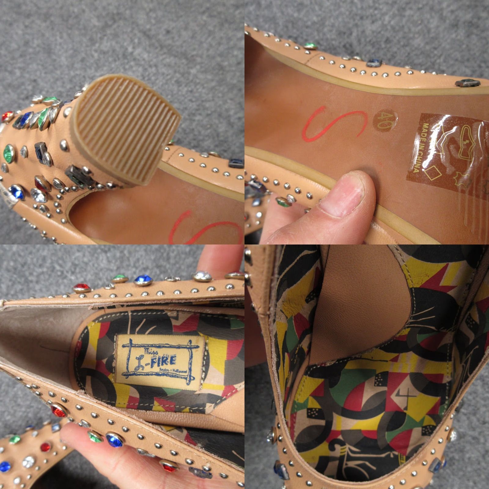 Vintage Miss L'Fire Showgirl Sandal Womens 9 Beige Leather Studded Rhinestone Slip-On Block Heel Shoes 40 Size US 9 / IT 39 - 9 Thumbnail