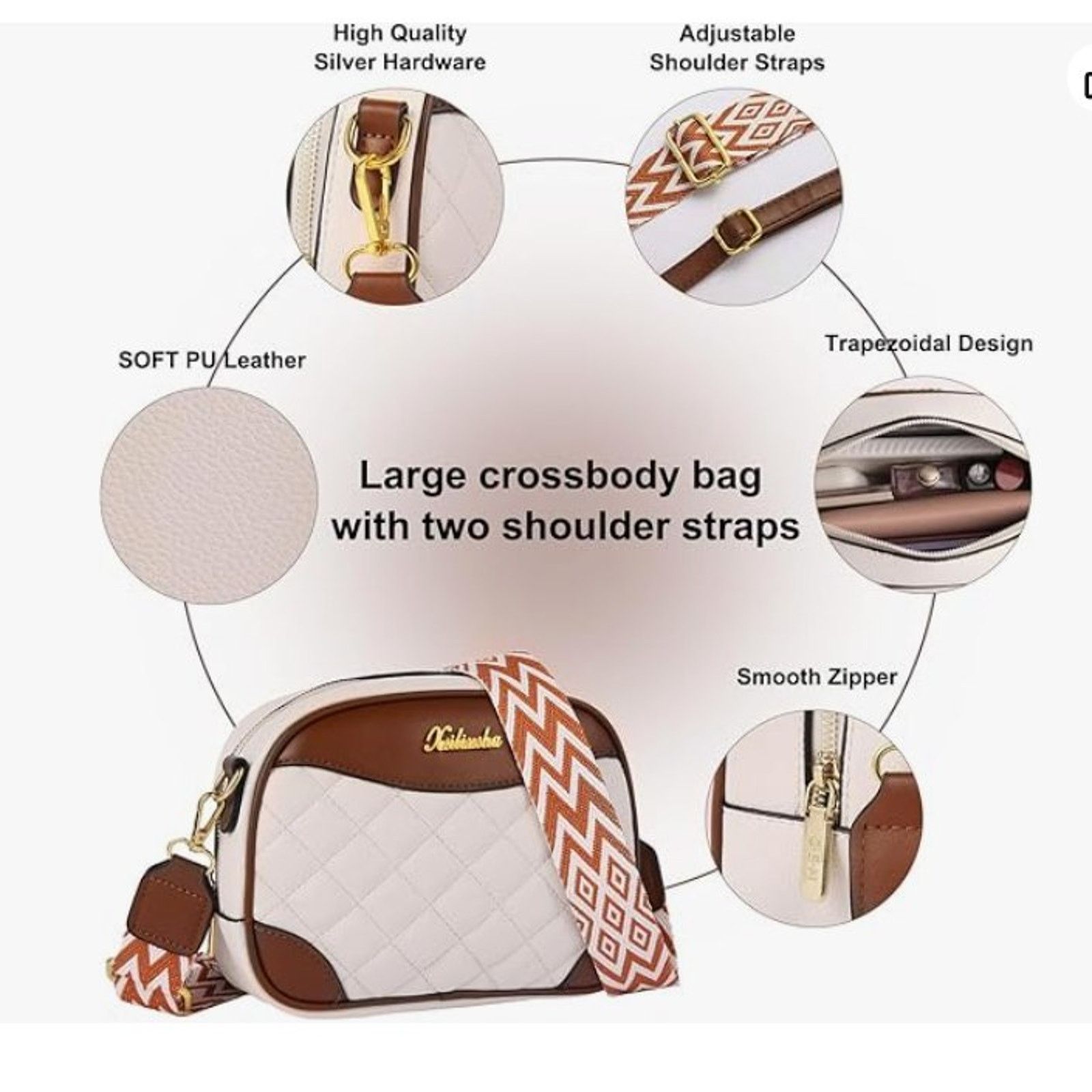 The Unbranded Brand Quilted crossbody bag shoulder bag, Wide Straps, Cream Size ONE SIZE - 6 Thumbnail