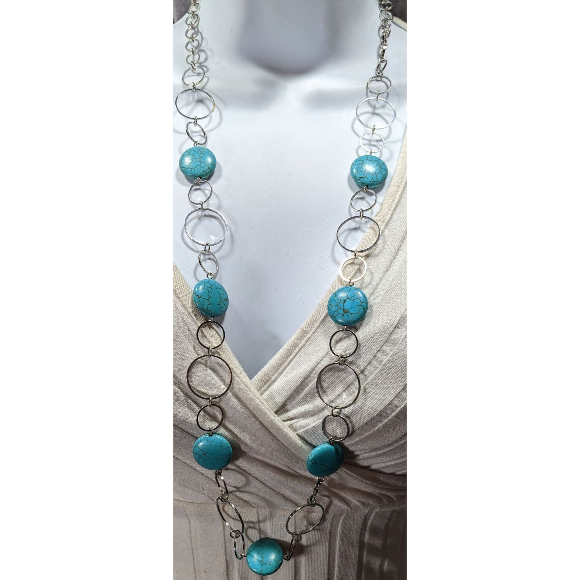 Other Bohemian Faux Turquoise Silver Tone Ring Chain Necklace Size ONE SIZE - 4 Thumbnail