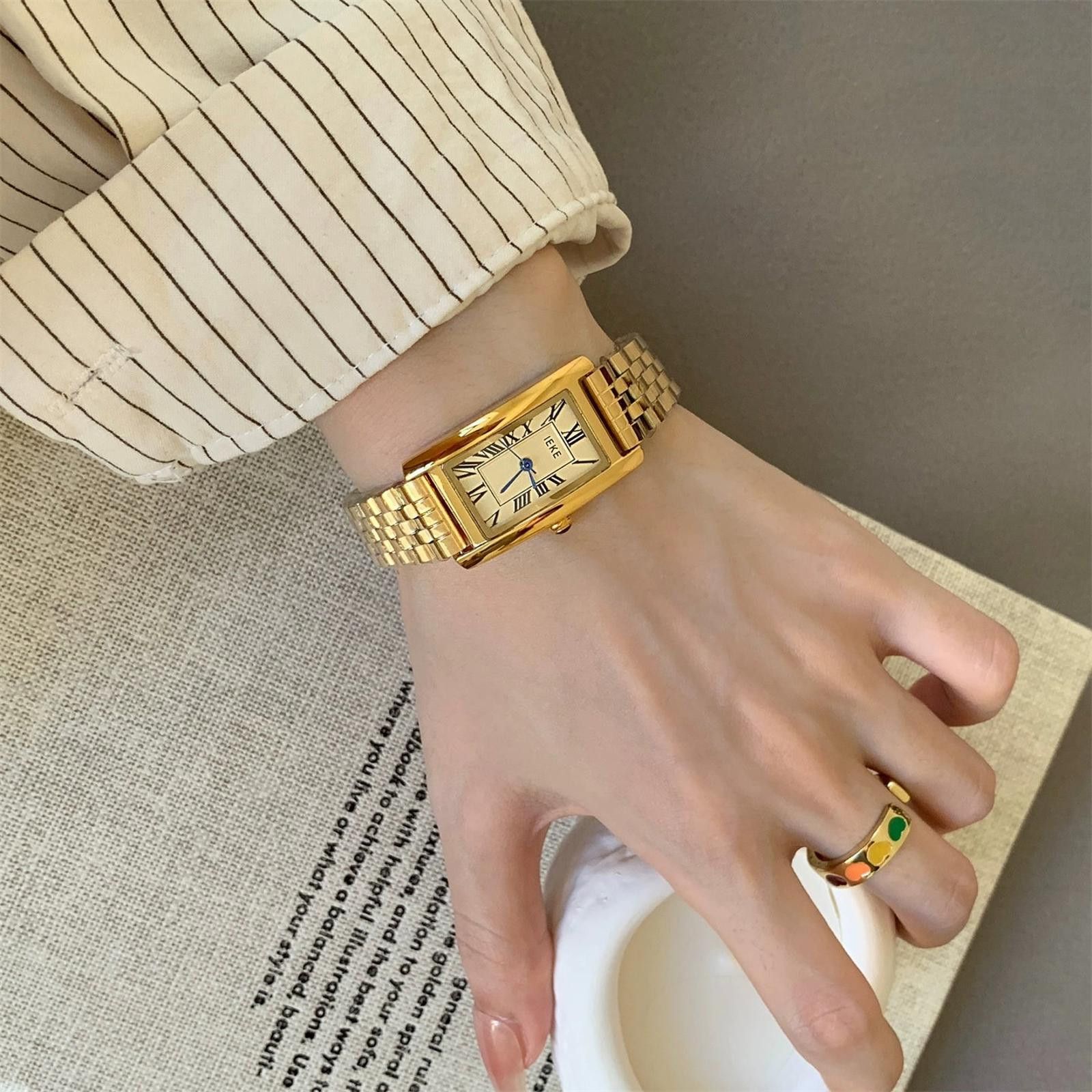 Jewelry Rectangular Face Wristwatch, Classic Gold Watch Size ONE SIZE - 4 Thumbnail