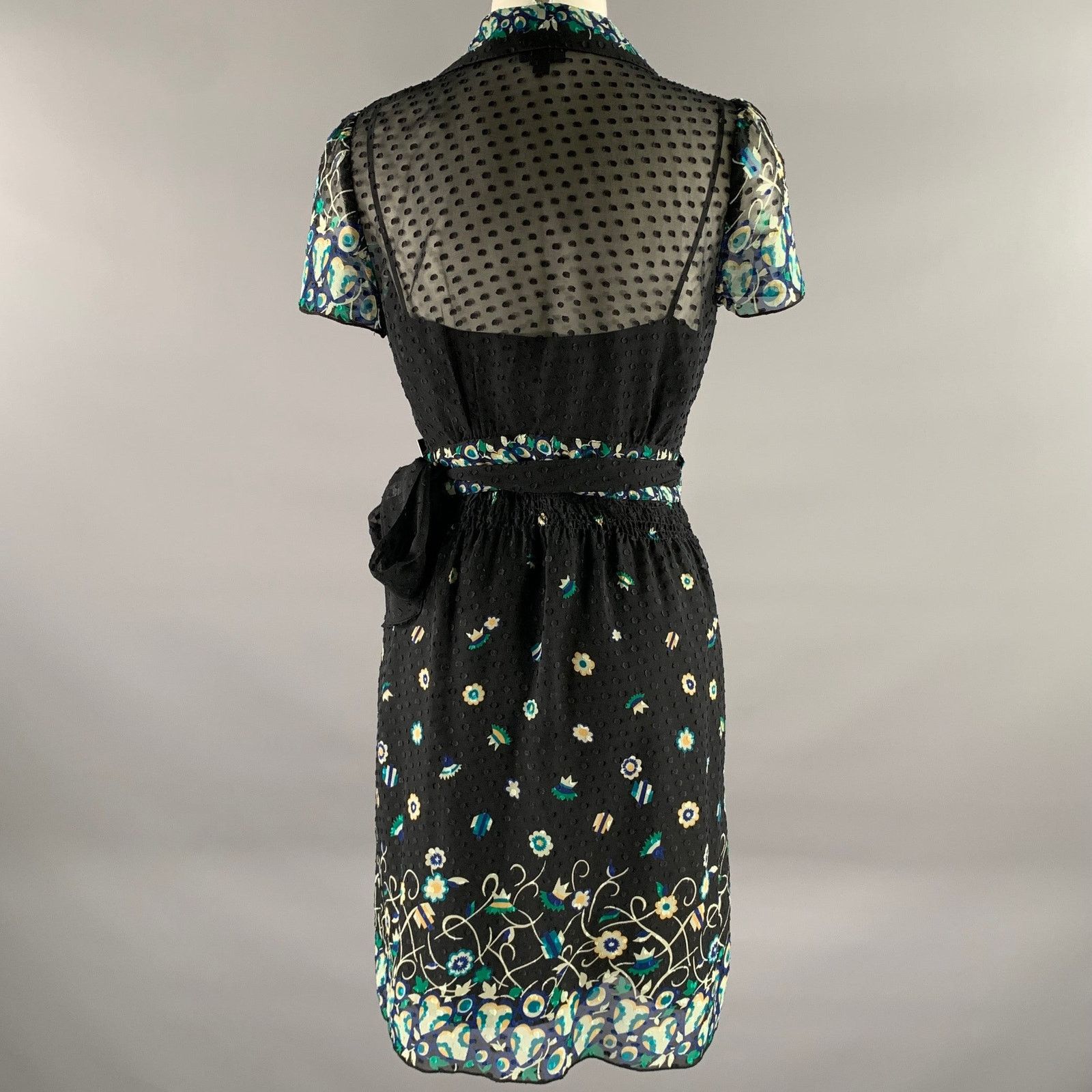 Anna Sui ANNA SUI Black Blue Silk Floral Midi Knee-Length Dress Size S / US 4 / IT 40 - 4 Thumbnail