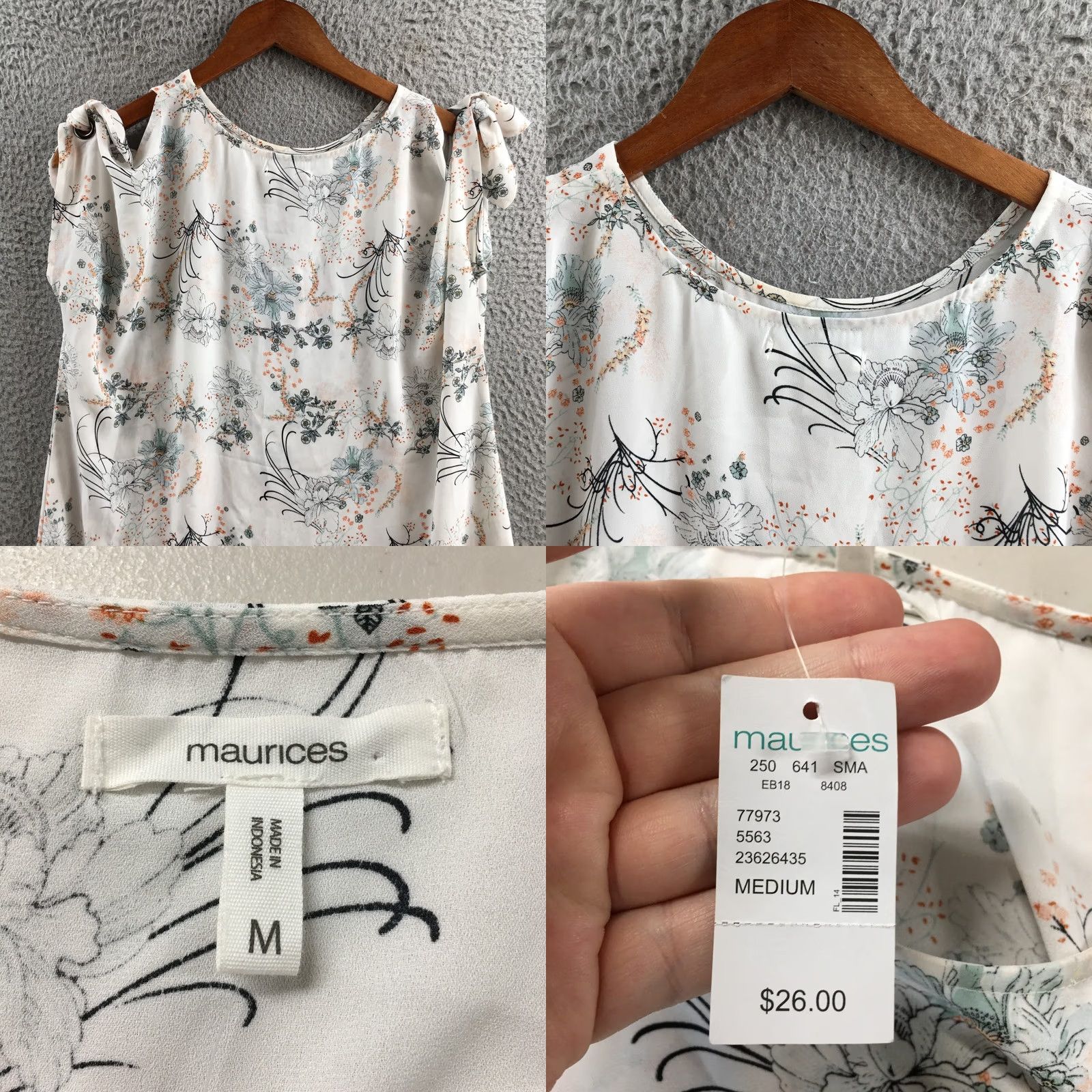 Vintage Maurices Blouse Top Womens Medium White Floral Sleeveless Tie Shoulder Pullover Size M / US 6-8 / IT 42-44 - 8 Thumbnail