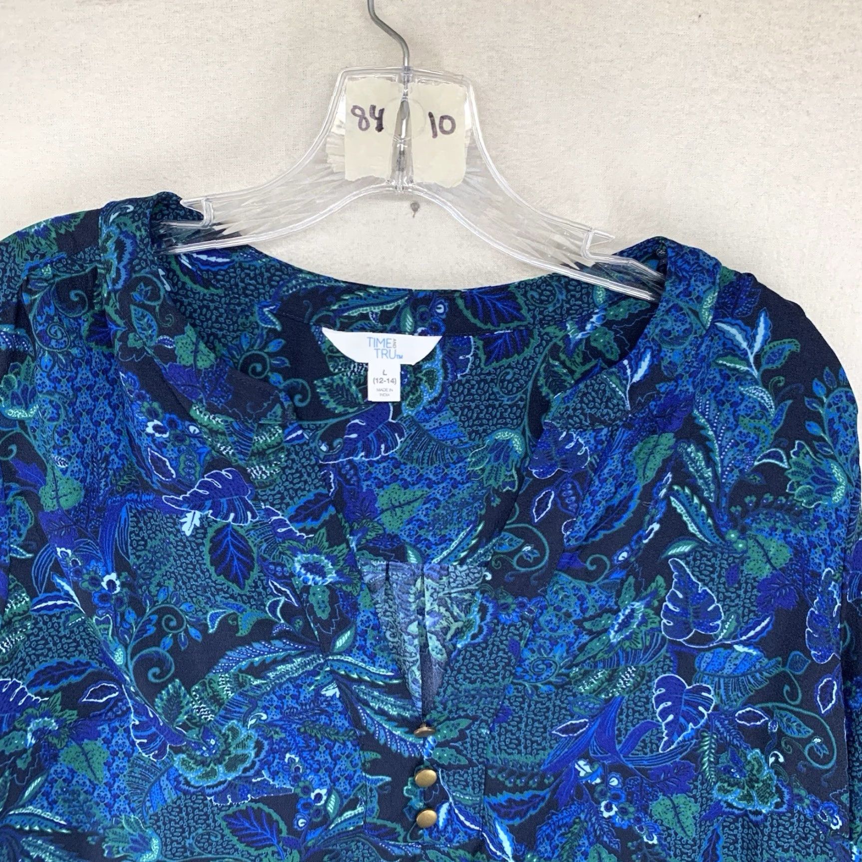 Vintage Women’s Deep Blue Green Botanical Large Dress Balloon Sleeve Metal Buttons Flowy Size L / US 10 / IT 46 - 4 Thumbnail