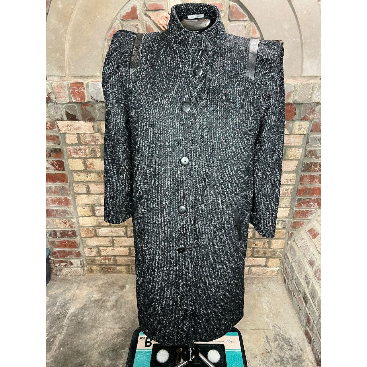 Vintage vintage wool coat charcoal teal pink blue high neck leather Size XXL / US 16-18 / IT 52-54 - 1 Thumbnail