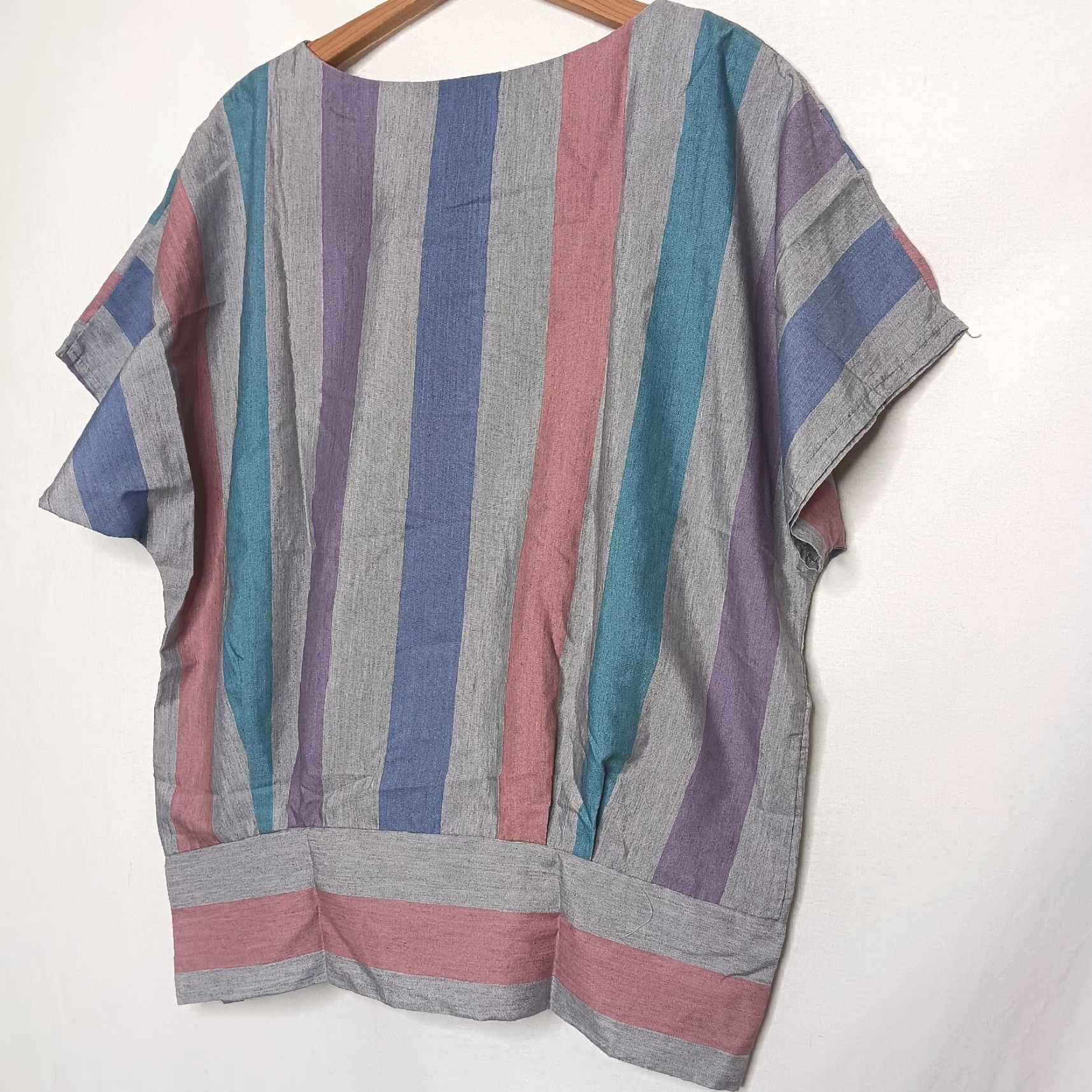 Pinko VINTAGE Blouse Women 14 Gray Pink Blue Stripe Wide Waistband Dolman Shirt Size XL / US 12-14 / IT 48-50 - 3 Thumbnail
