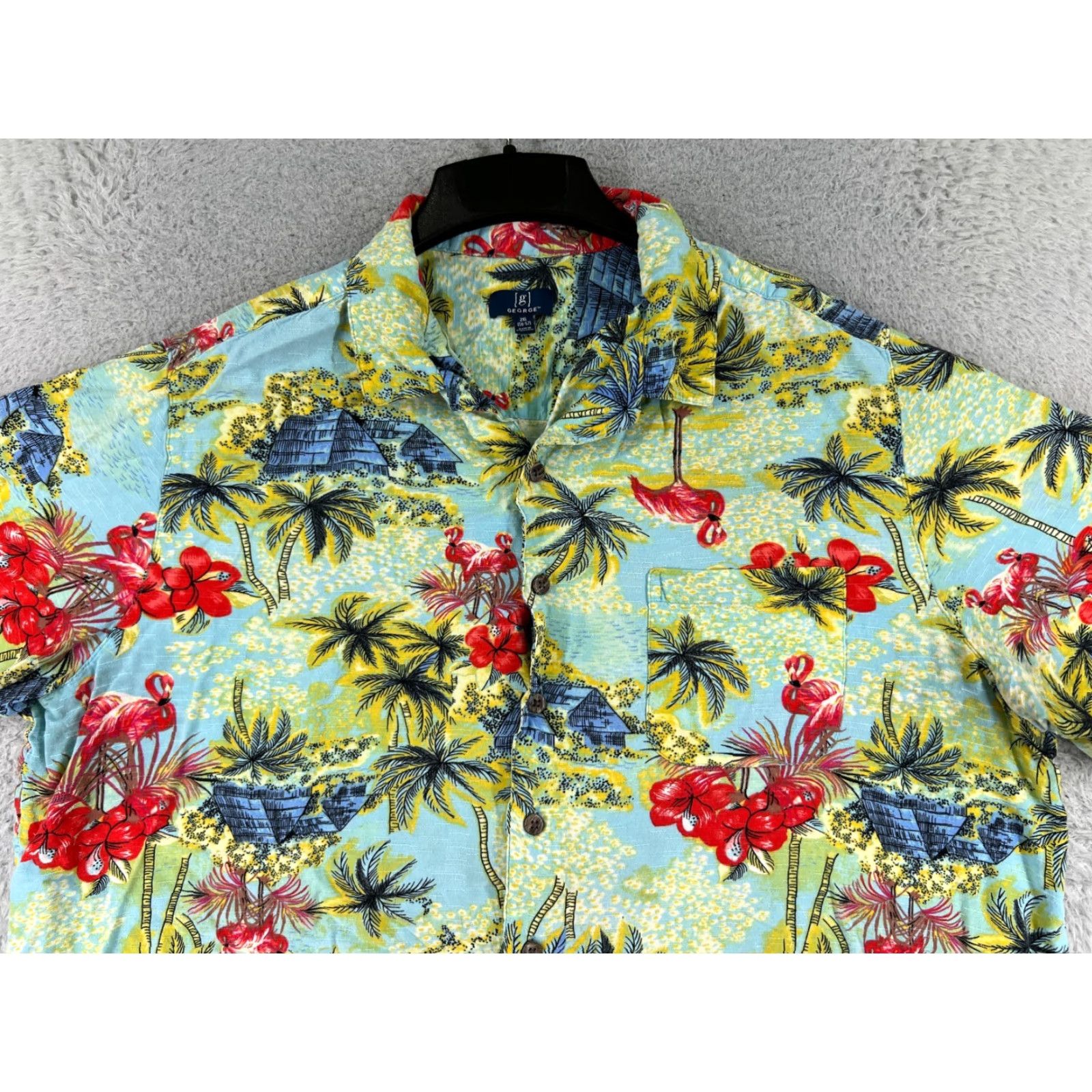 George George Men's Hawaiian Shirt 2XL Floral Palm Green Pink Button-Up Rayon Short Sleeve Classic Casual Hawaiian Theme 90s? Size US XXL / EU 58 / 5 - 4 Thumbnail