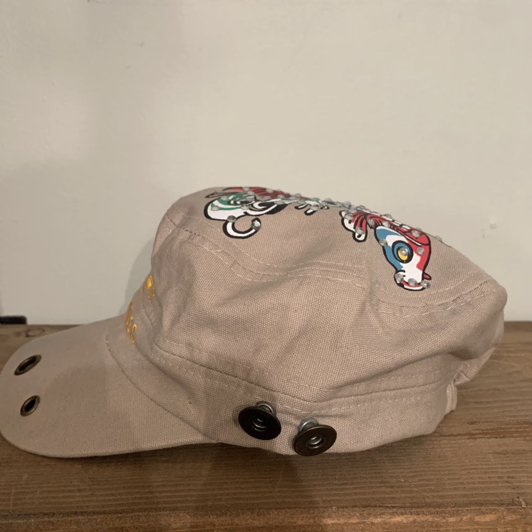 Ed Hardy VINTAGE Ed Hardy Spellout Military Hat - Y2K Fish Graffiti Rivets Canvas Black One Size Men Size ONE SIZE - 6 Thumbnail