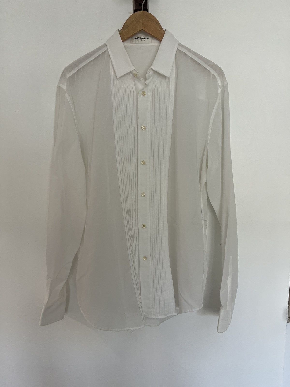 image of Saint Laurent Paris Hedi Sheer Pleated Shirt 2016 in White, Men's (Size Large)