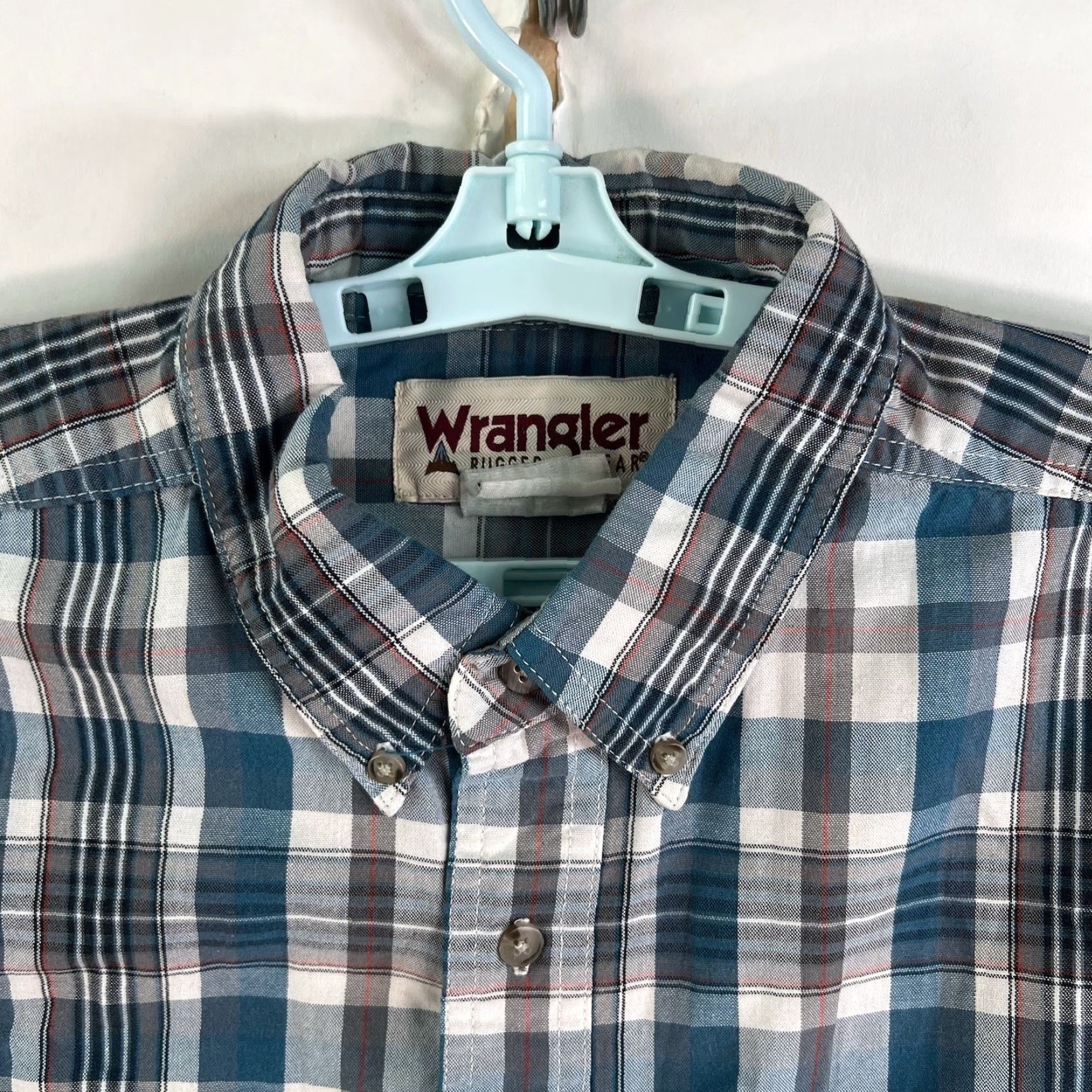 Wrangler VINTAGE? No — Wrangler Rugged Wear Plaid Button-Up Shirt Mens XLT Blue, Cotton Blend, Western Style, Long Sleeve, Pockets, Regular Fit Size US XL / EU 56 / 4 - 3 Thumbnail