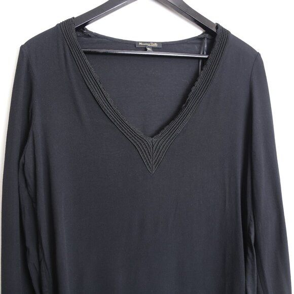 Massimo Dutti Massimo Dutti V-Neck Textured Trim Black Long Sleeve Blouse Size S / US 4 / IT 40 - 2 Thumbnail