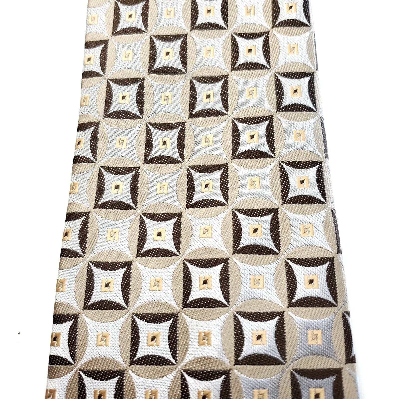 Designer Valerio Garati Beige Brown Silk Tie Woven Geometric Size ONE SIZE - 2 Thumbnail