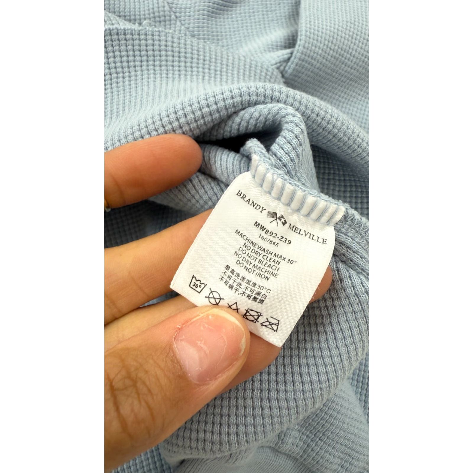 Brandy Melville Brandy Melville Shirt Womens OS Blue Cropped Waffle Knit Henley Ribbed Cuff Top Size ONE SIZE - 4 Thumbnail