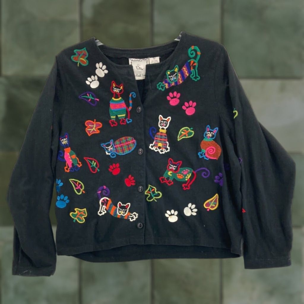 Simons Michael Simon Cat Embroidered Long Sleeve Cardigan Womens Large Black Size L / US 10 / IT 46 - 1 Thumbnail