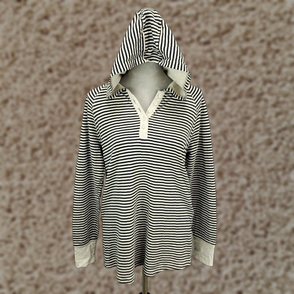 Duluth Trading Company Duluth Trading Hoodie Womens Large Black White Striped Hooded Sweatshirt Size L / US 10 / IT 46 - 1 Thumbnail
