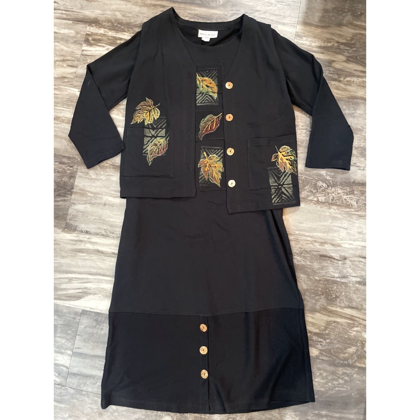 Vintage VINTAGE Design Limited Dress And Vest Womens Small 2 Piece Black Long Sleeve Fall Leaves Casual Workwear Size S / US 4 / IT 40 - 2 Thumbnail
