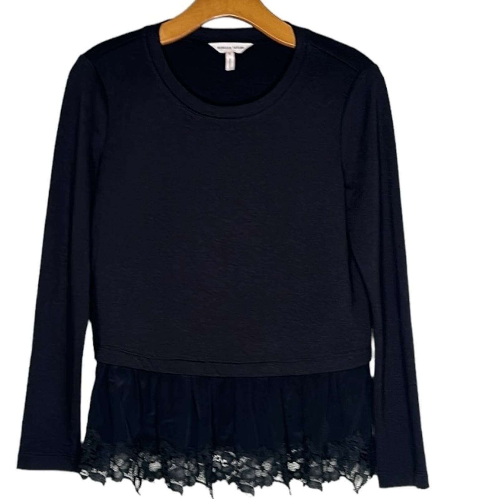 NWOT REBECCA TAYLOR Silk Lace Trim Pullover Sweater Black Sm