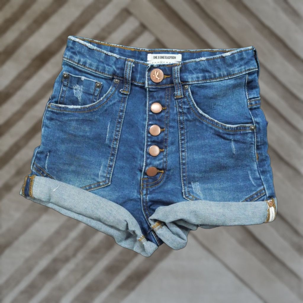 Vintage One X One Teaspoon Denim Bermuda Shorts Womens 26 Blue Button Fly Distressed Grunge Pockets Vintage No Size 42" / US 20 - 1 Thumbnail