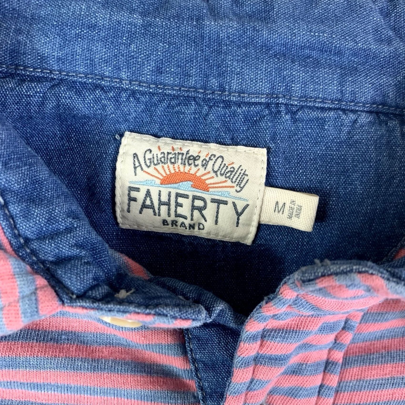 Faherty Faherty Polo Shirt Mens Medium Blue Pink Stripe Organic Cotton Pocket Casual Polo Shirt M Mens Pink Stripe Polo Shirt Size US M / EU 48-50 / 2 - 2 Thumbnail