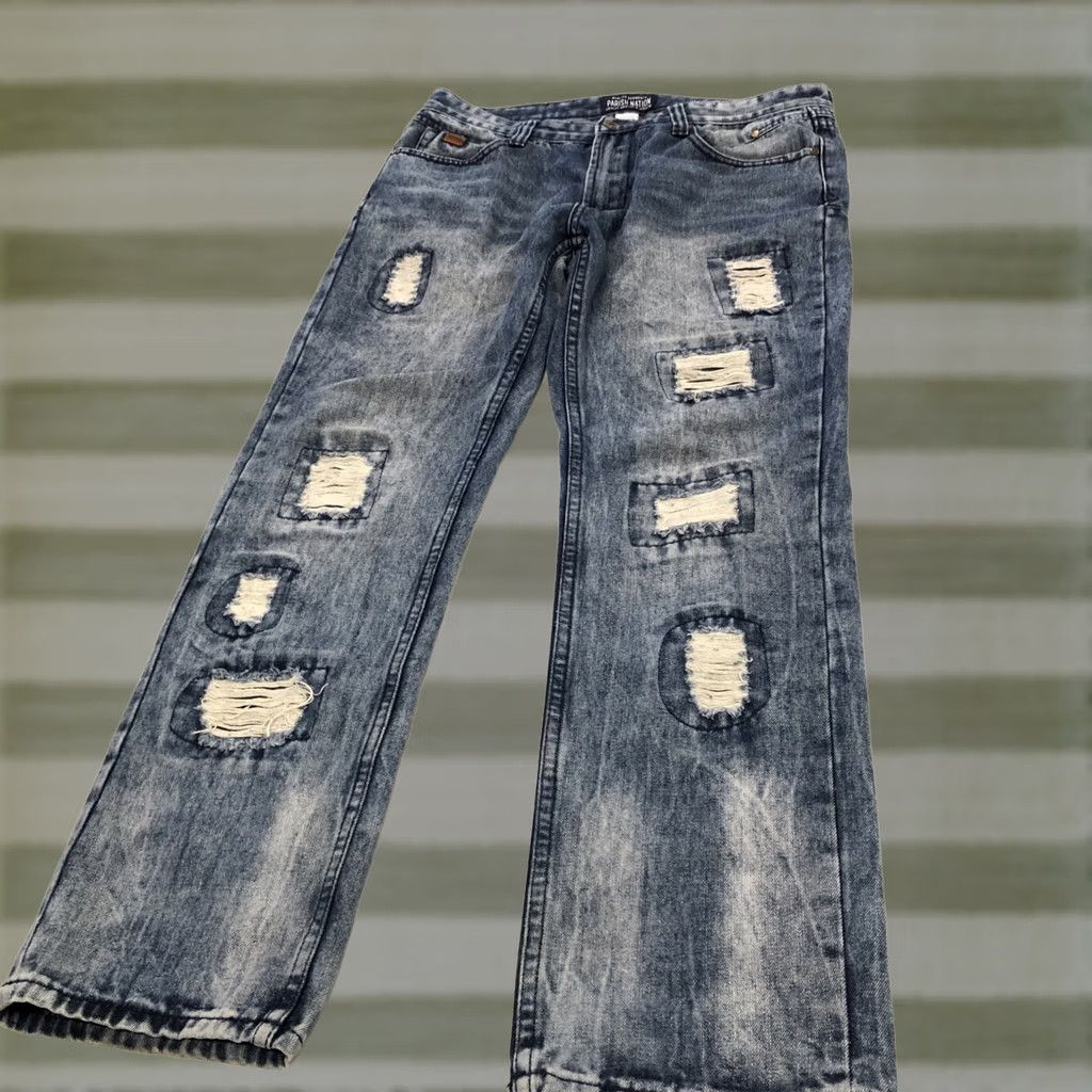 Denime Parish Nation Jeans Mens Size 36x30.5 Denim Distressed Patches Jeans Straight 5-Pocket 34 Tag Blue 100% Cotton Regular Size US 34 / EU 50 - 1 Thumbnail