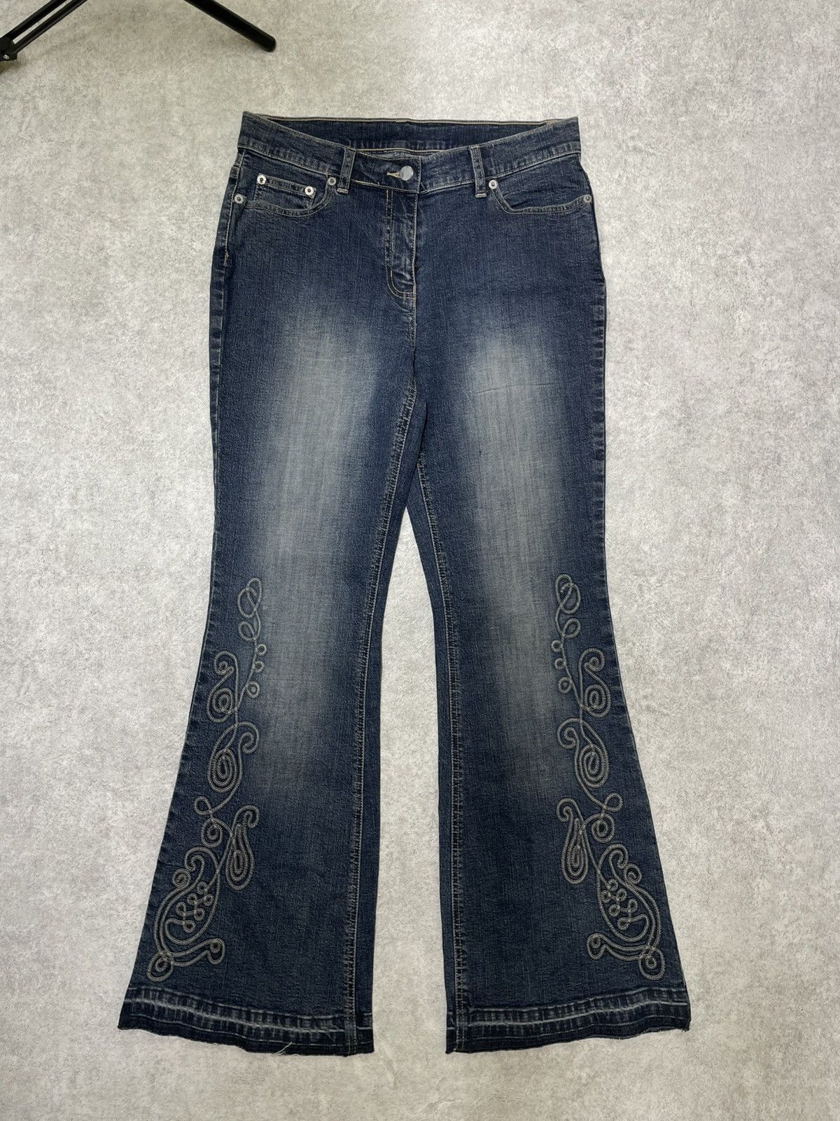 If Six Was Nine × Le Grande Bleu (L.G.B.) × Tornado Mart Skull Y2K Flare Jeans With Ornate Threadwork — Think LGB Size US 32 / EU 48 - 17 Thumbnail