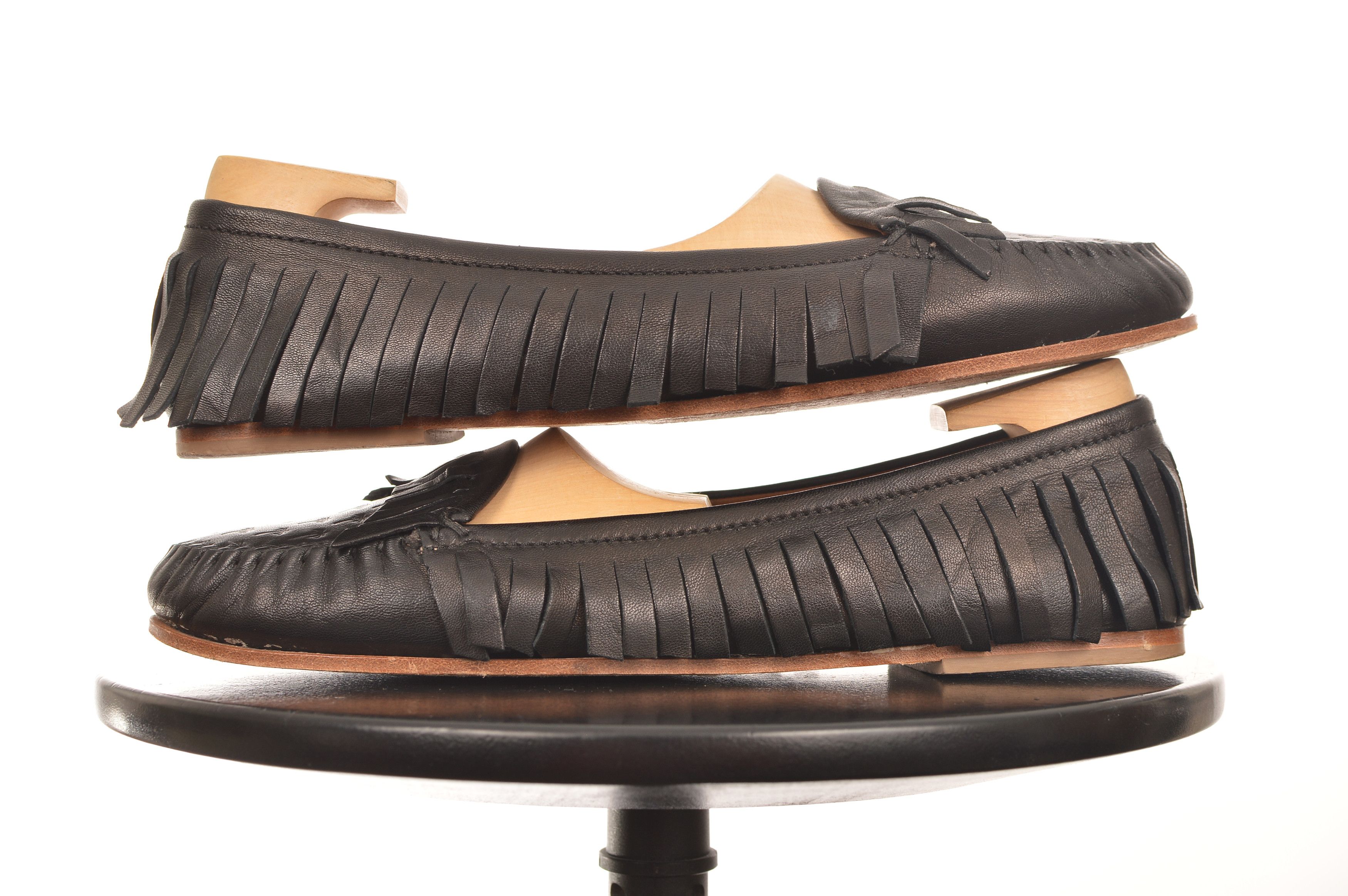 Tomas Maier Tomas Maier Black Leather Embossed Palm Tree Fringe Loafers Size US 8.5 / IT 38.5 - 4 Thumbnail