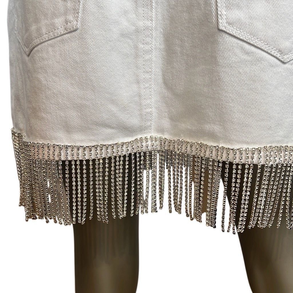 BLANKNYC Blank NYC Rhinestones Fringe Mini White Denim Skirt NWT 26 Size 26" / US 2 / IT 38 - 8 Thumbnail