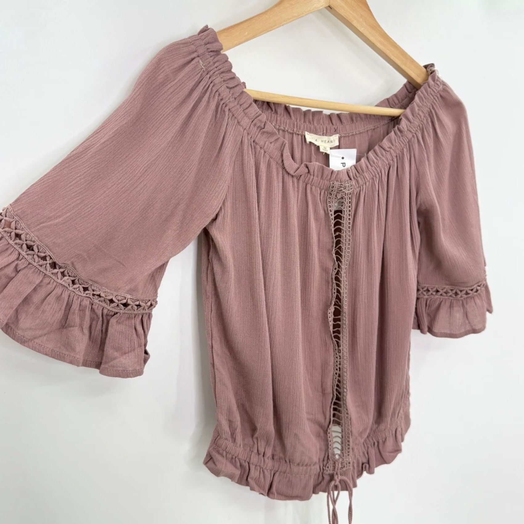 Pinko LA Hearts Blouse Size M Mauve Pink Off The Shoulder Crochet Trim Drawstring NWT Size M / US 6-8 / IT 42-44 - 6 Thumbnail