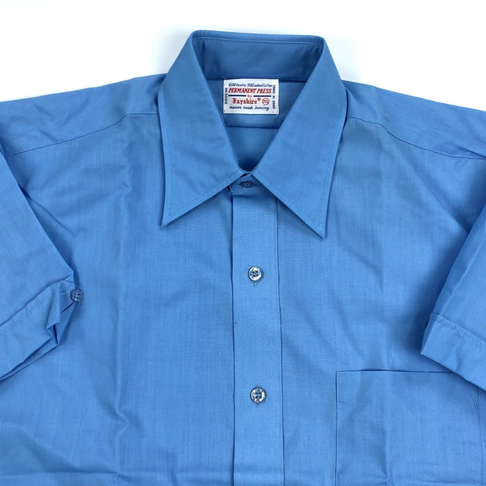 Vintage Permanent Press Shirt Mens 15.5 Large 1970s 70s Blue Short Sleeve Button Up Shirt Size US L / EU 52-54 / 3 - 4 Thumbnail