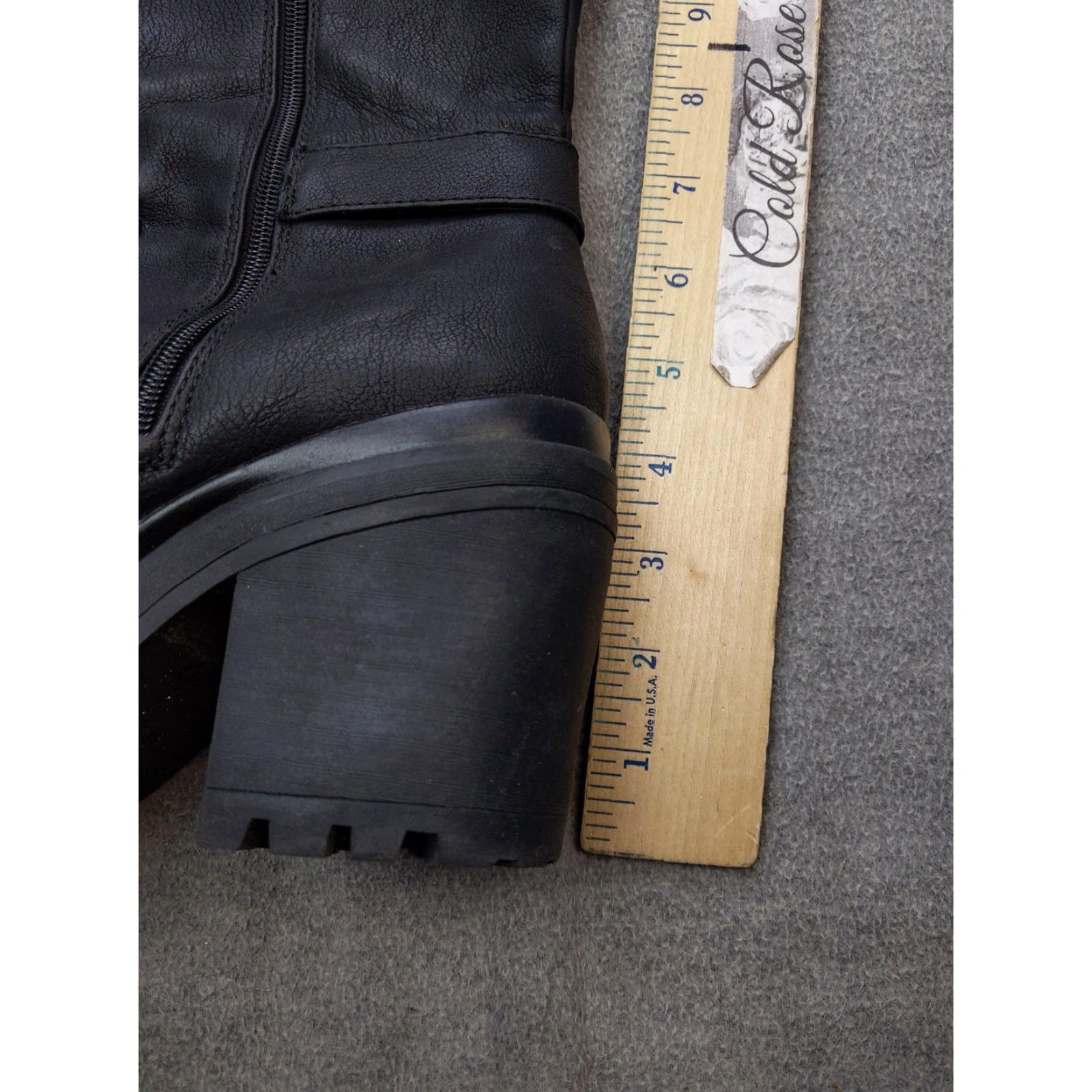 Vintage Biker Boots Womens size 9.5 41 Black Knee High Block Heel Zip Buckle Lug Sole Shoes Size US 10 / IT 40 - 2 Thumbnail