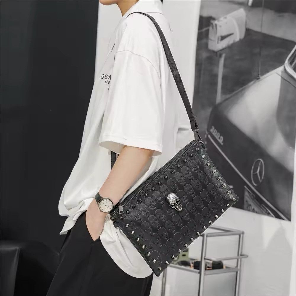 Gothic Punk Skeleton Crossbody Shoulder Outdoor Bag in Black, Men's
