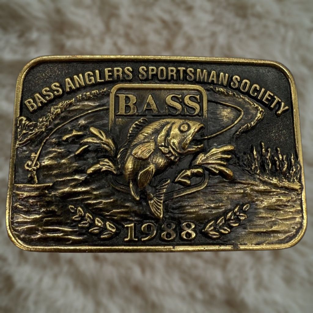 Vintage B.A.S.S. Bass Anglers Sportsman Society 1988 Brass Belt Buckle USA Made Belt Buckle Gold Brass Men XS? Size ONE SIZE - 1 Thumbnail