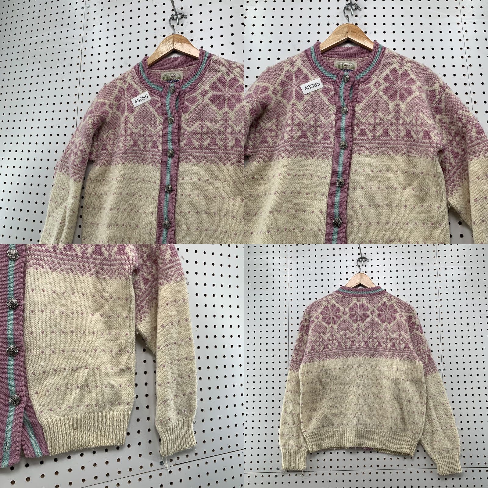 VINTAGE ALPS Mountaineering Wool Cardigan Sweater Ladies M Beige Graphic Print Collared Long Sleeve Casual Made in USA Womens