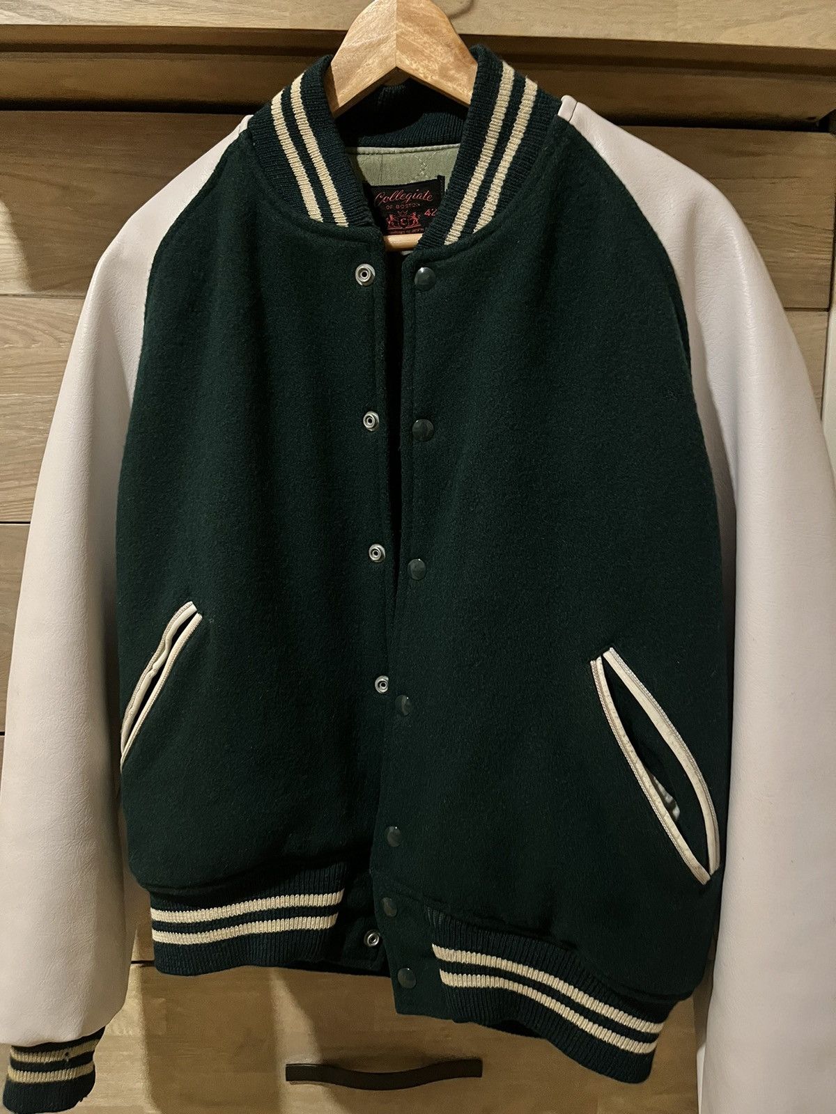 image of Collegiate Vintage Delhi Tech Green Letterman Jacket, Men's (Size Medium)