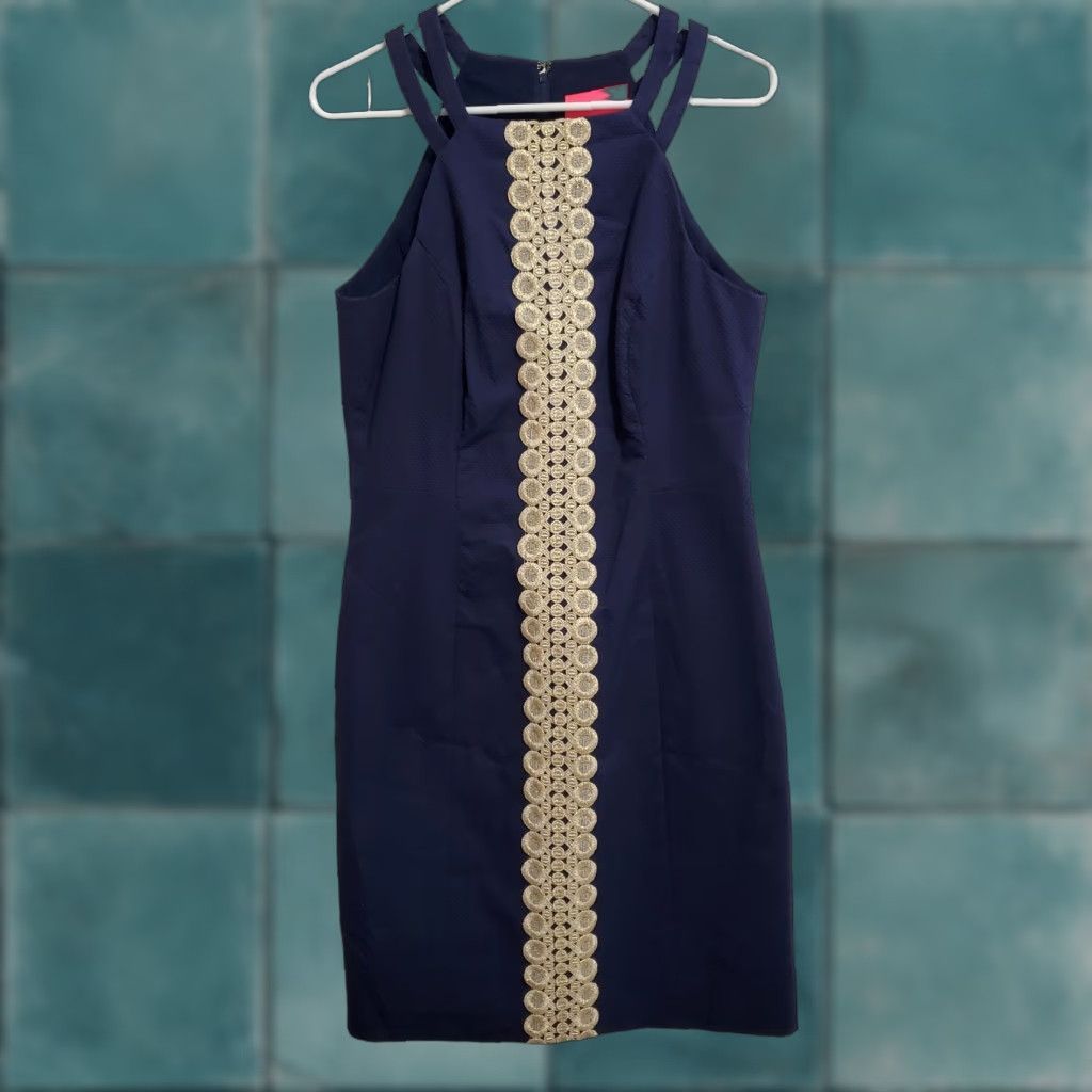 Lilly Pulitzer VINTAGE Lilly Pulitzer Pearl Stretch Shift Dress Women 8 True Navy Gold Wedding Resort Shift Womens 8 Navy Gold Wedding Resort Size M / US 6-8 / IT 42-44 - 1 Thumbnail