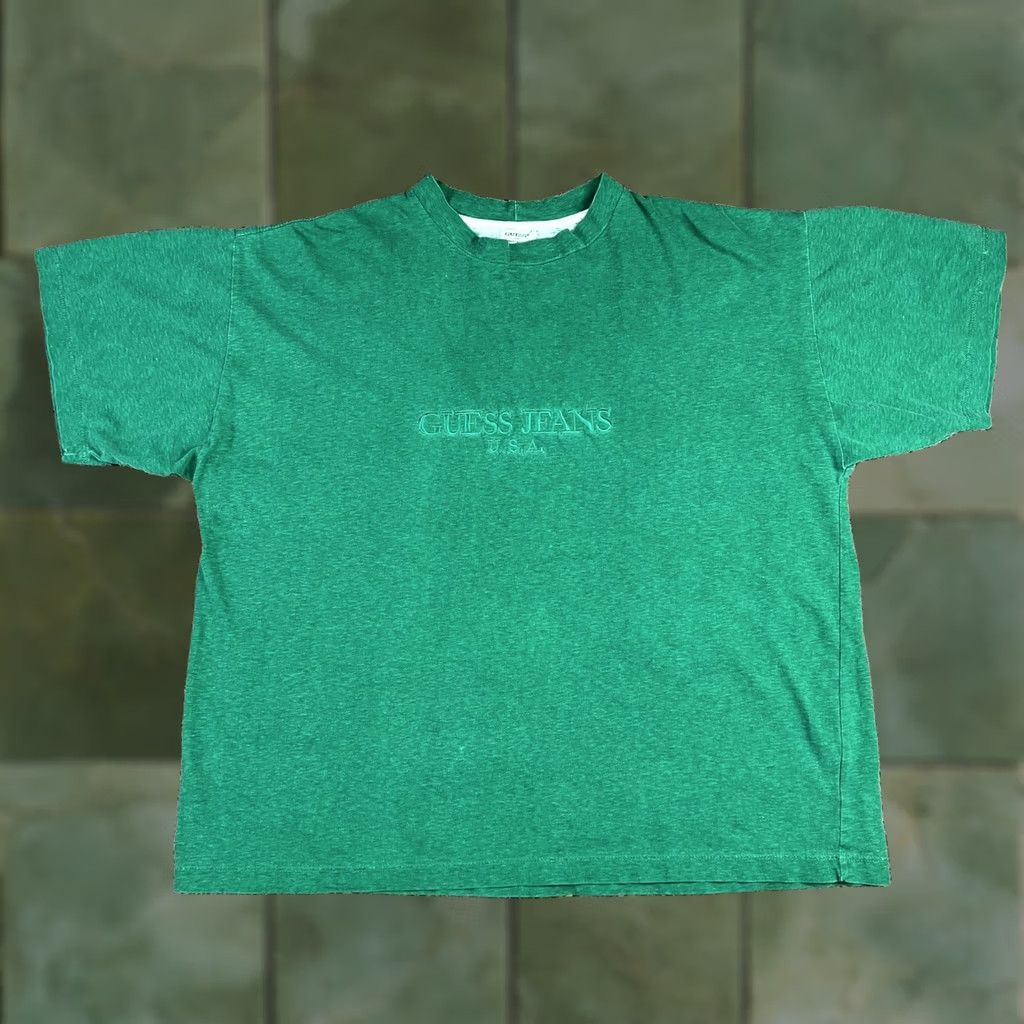 Guess VINTAGE Guess Jeans Embroidered Logo T-Shirt Green Heathered Large USA Mens 90s Brand Name Big Logo Short Sleeve Crew Neck US Origin Size US L / EU 52-54 / 3 - 1 Thumbnail