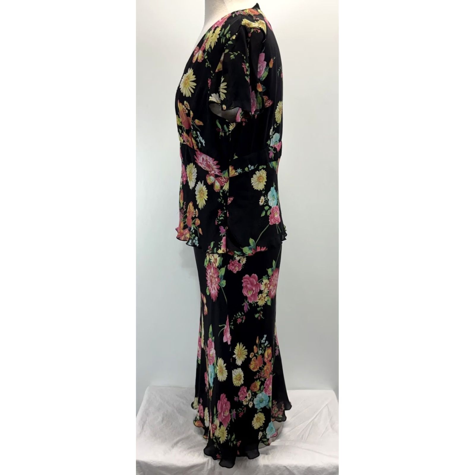 Vintage Vintage Spenser Jeremy Silk Floral Midi Dress Womens 12 Peplum Waist Butterfly Size XL / US 12-14 / IT 48-50 - 2 Thumbnail