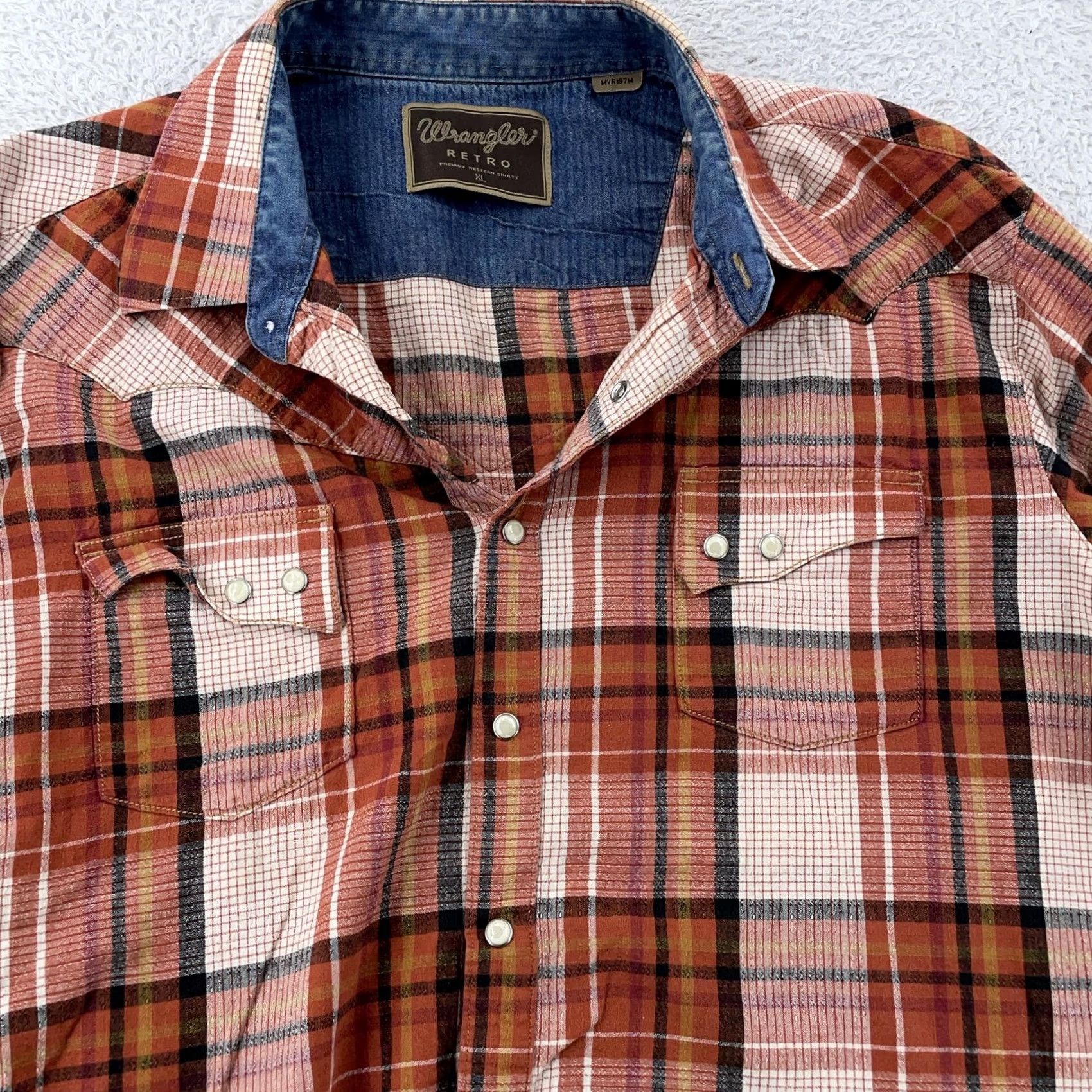 Wrangler Wrangler Shirt Mens XL Orange Brown Plaid Collar Pearl Snap Retro Western Cowboy Size US XL / EU 56 / 4 - 2 Thumbnail