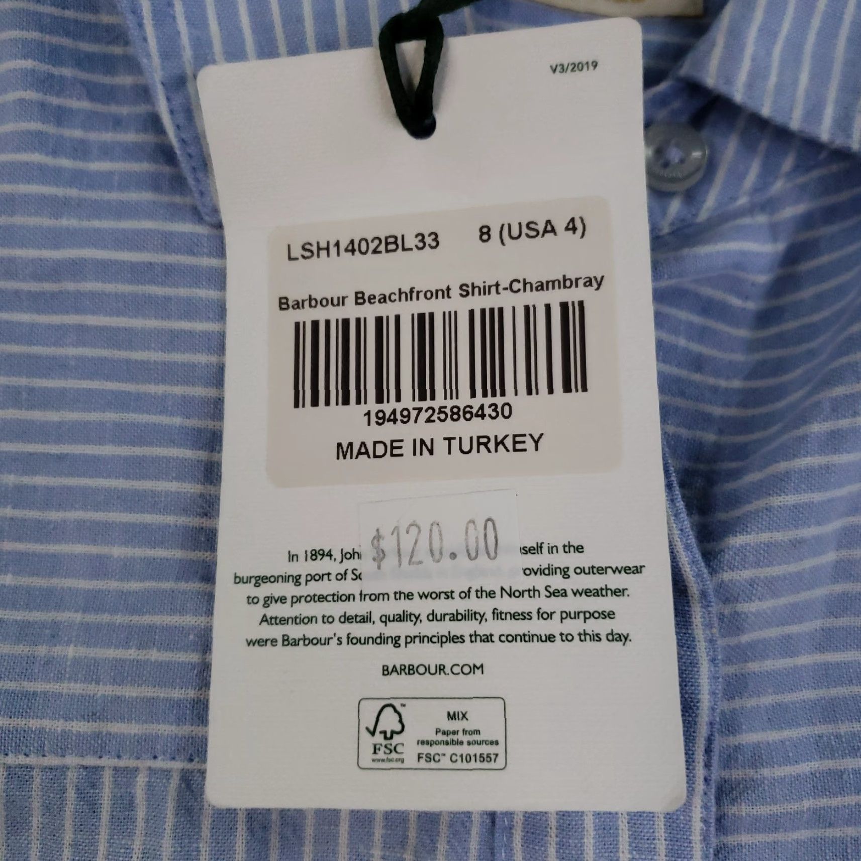 Barbour VINTAGE Barbour Women's Shirt Blouse 4 Blue White Striped Cotton Linen Roll Tab 90s Dress Size S / US 4 / IT 40 - 6 Thumbnail
