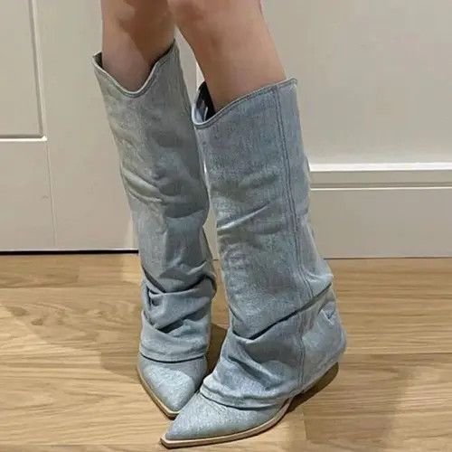 Blue Denim Thigh High Boots