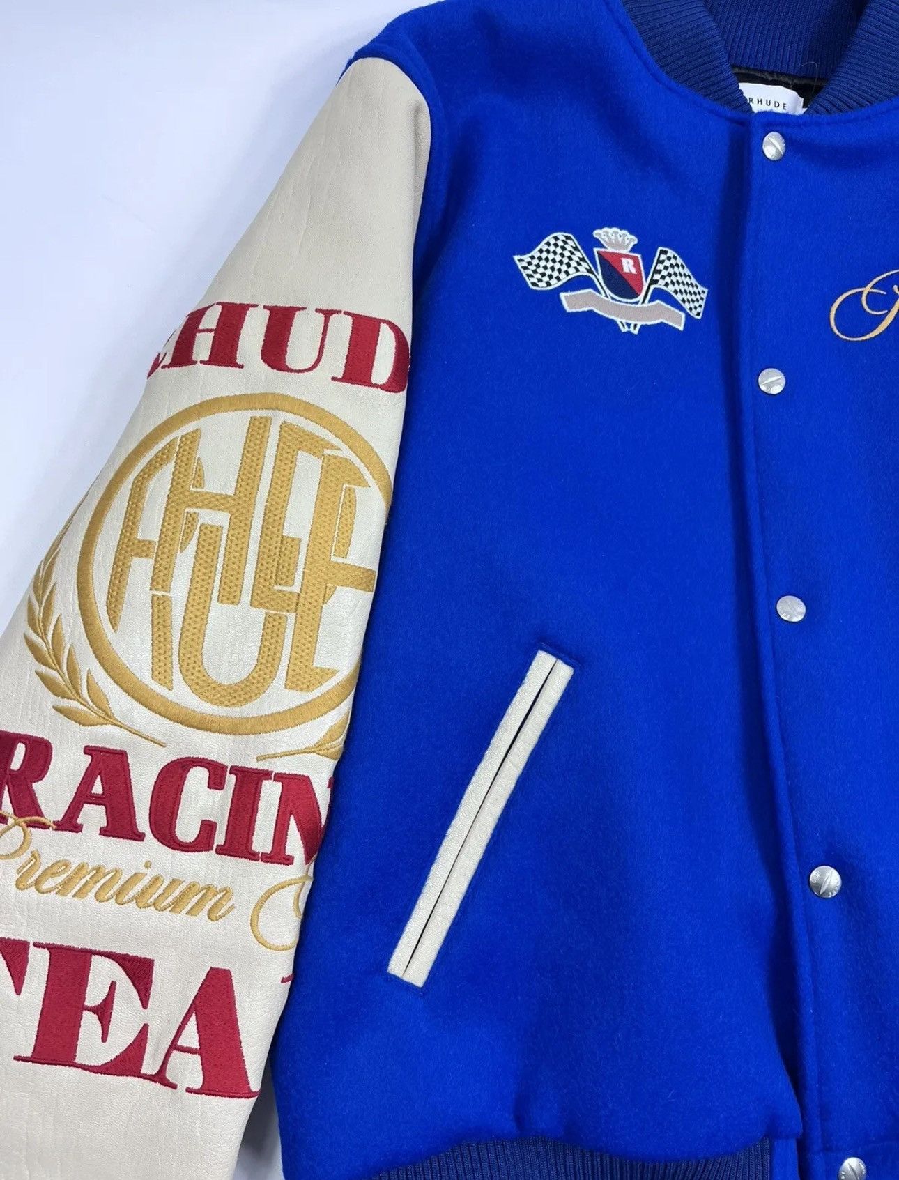 Rhude RHUDE LEATHER TRIMMED EMBROIDERED RACING VARSITY JACKET Size US M / EU 48-50 / 2 - 4 Thumbnail