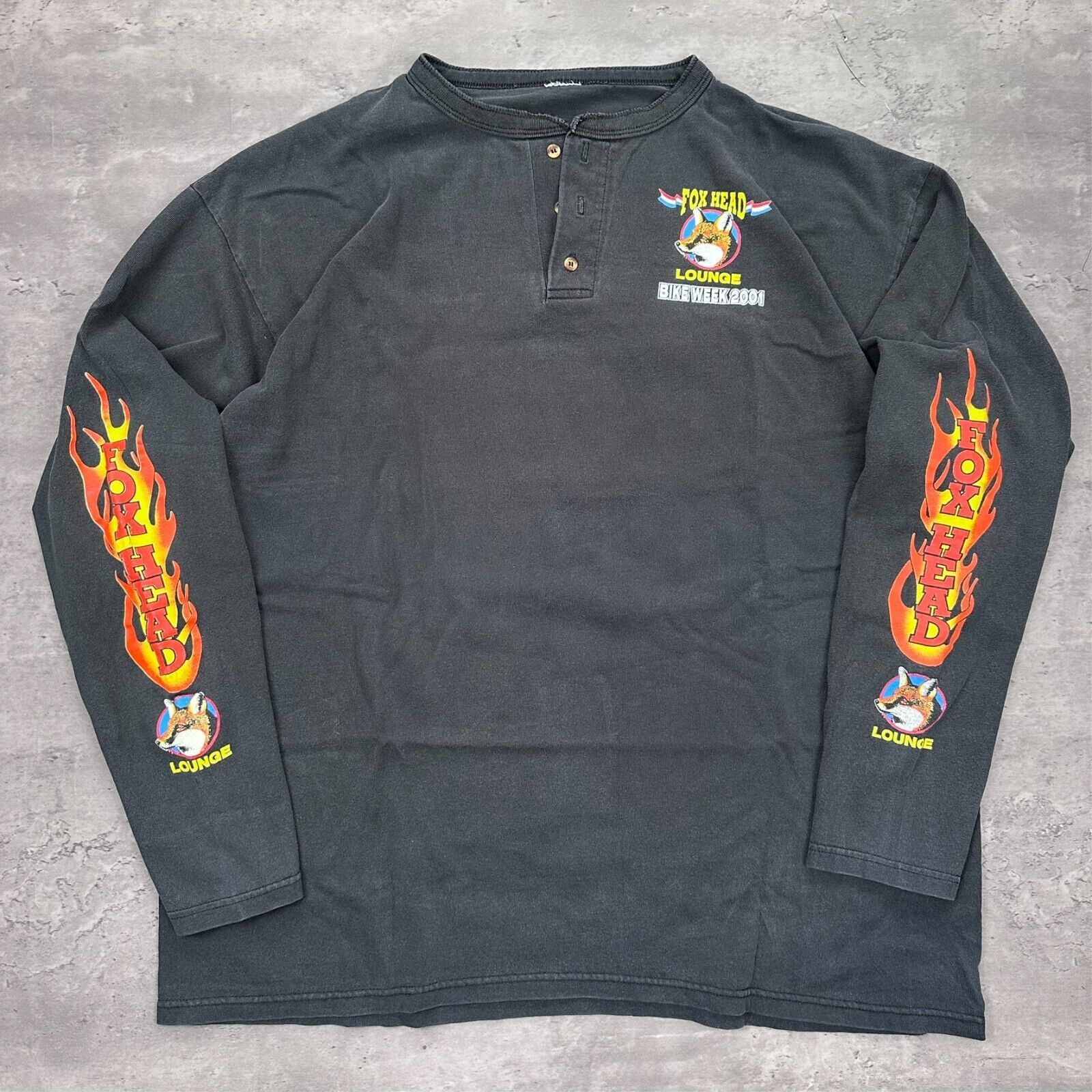 Vintage Fox Head Bike Week Flame Long Sleeve Henley Shirt