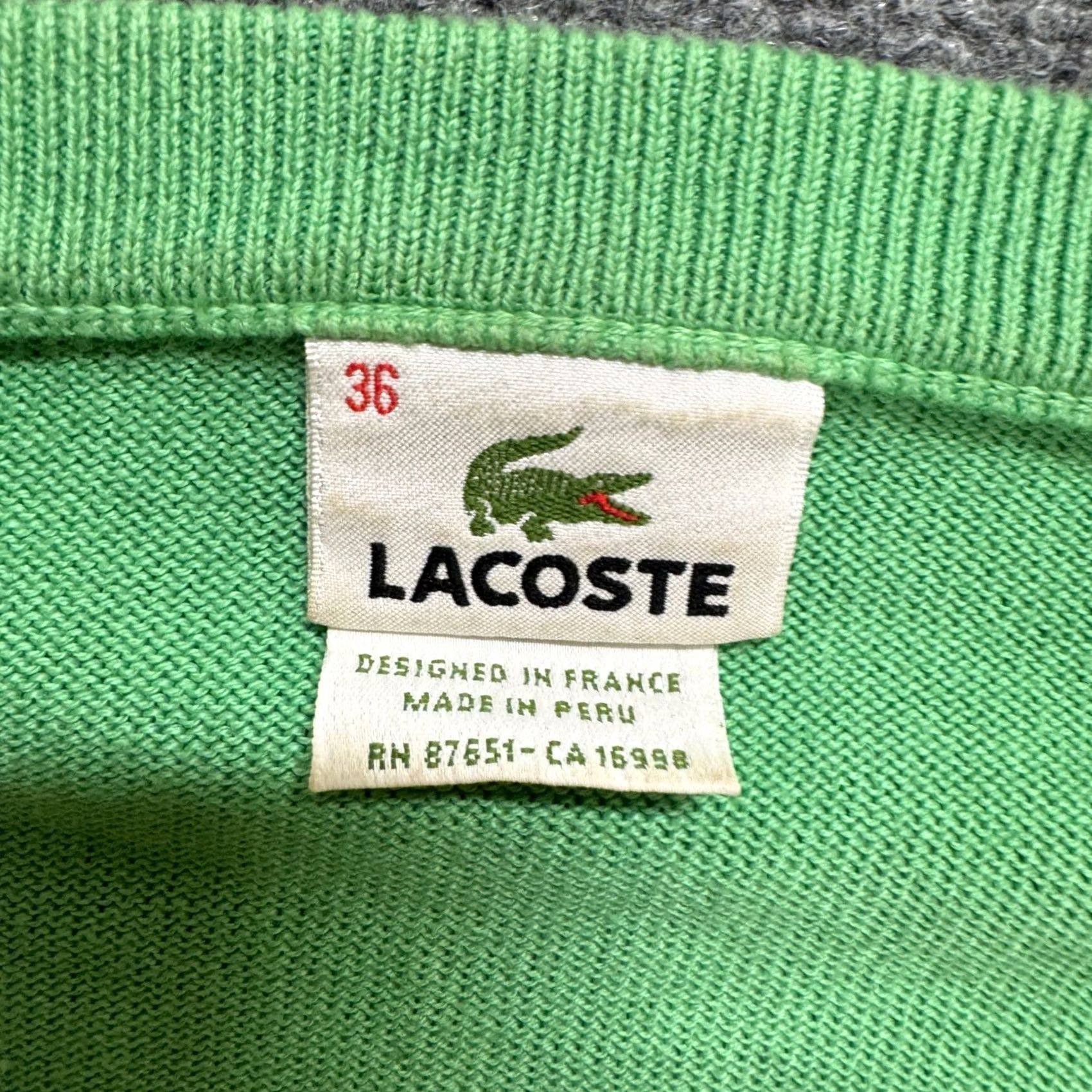 Vintage Lacoste Women's V Neck Sweater Pullover Size M Green Long Sleeve Cotton Pullover, Distressing/Fade (Pre-owned) Green Womens M Size M / US 6-8 / IT 42-44 - 3 Thumbnail