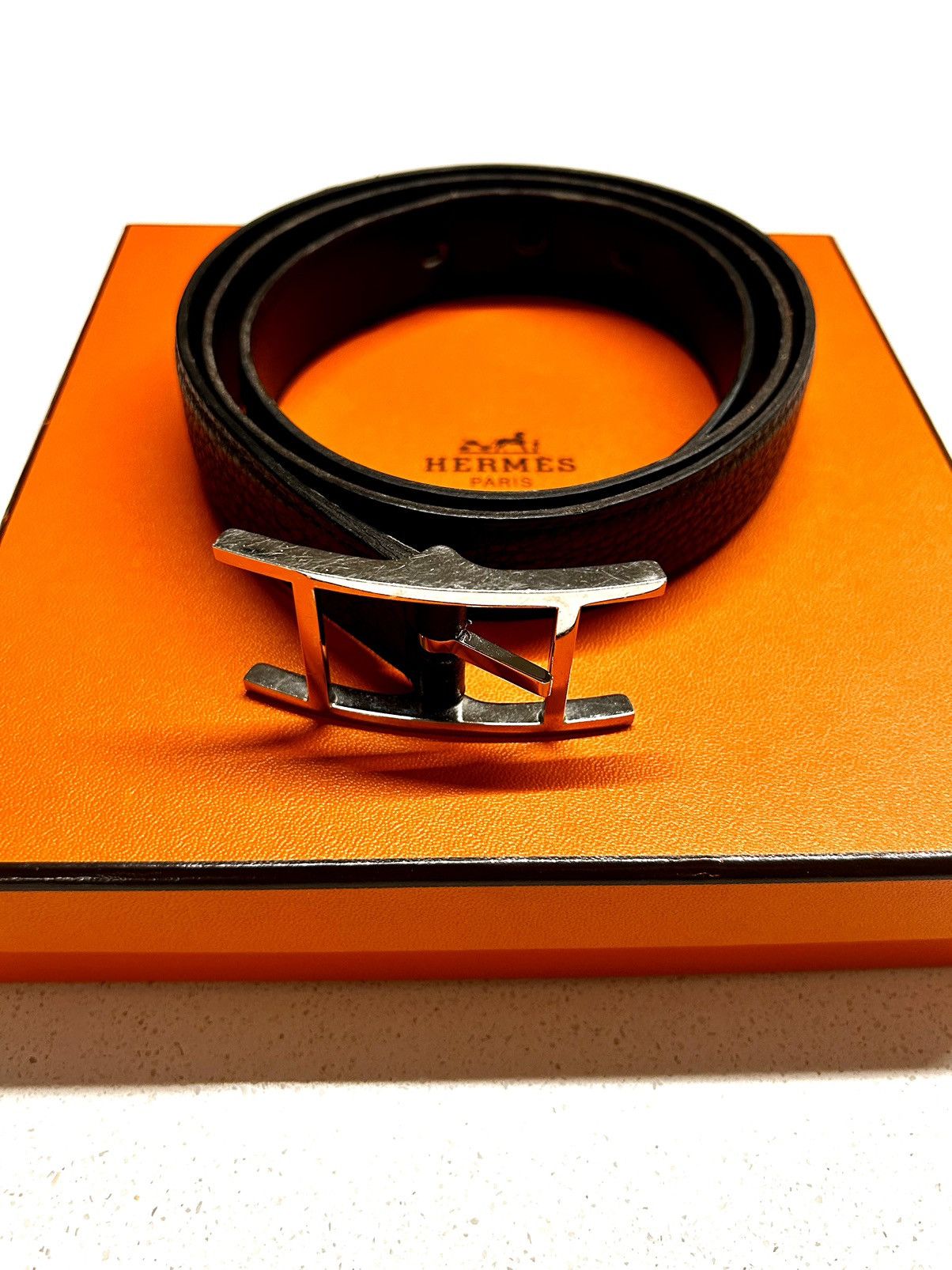 image of Hermes Double H Reversible Belt Black And Dark Brown, Men's (Size 32)