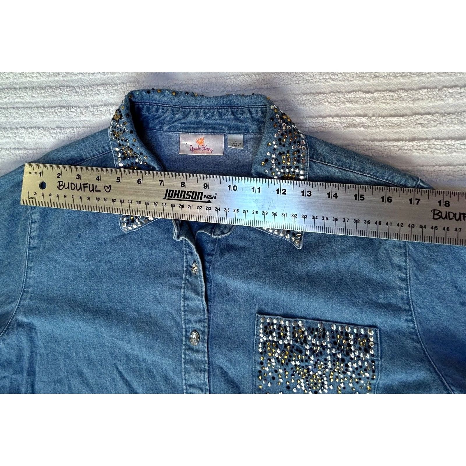 Quacker Factory Quacker Factory Shirt Large Embellished Rhinestone Button Front Denim Tunic Top Shirt Size L / US 10 / IT 46 - 3 Thumbnail