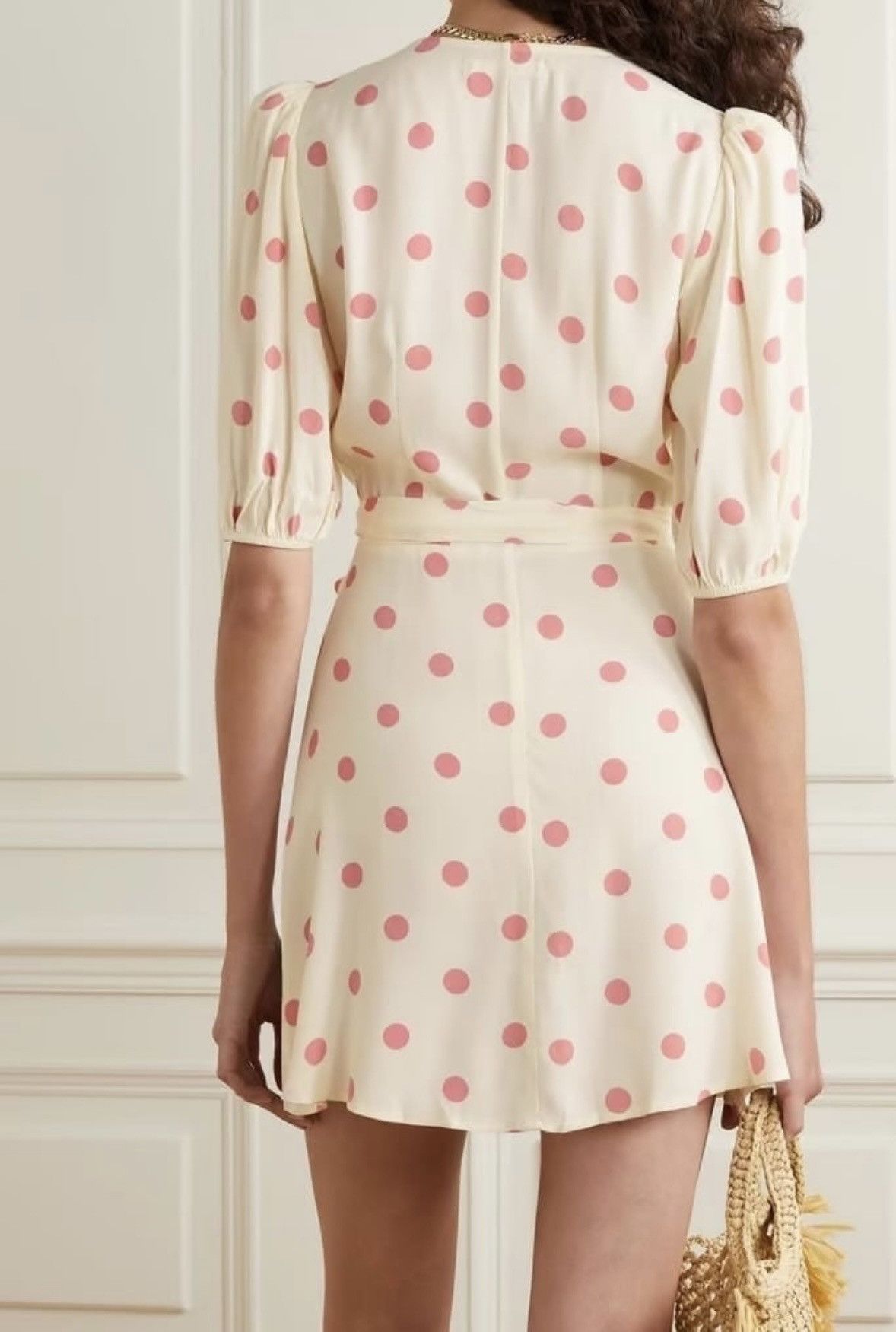reformation mini wrap dress Reformation Olince Polka-dot Crepe Mini Wrap