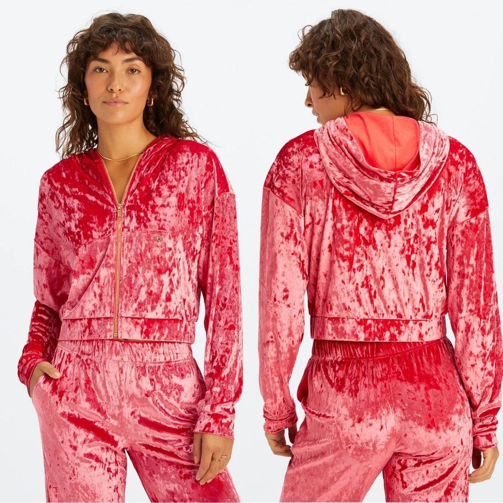 Fabletics NWT New $85 Fabletics Red Crushed Velour Zip Up Hoodie Size Size L / US 10 / IT 46 - 1 Thumbnail